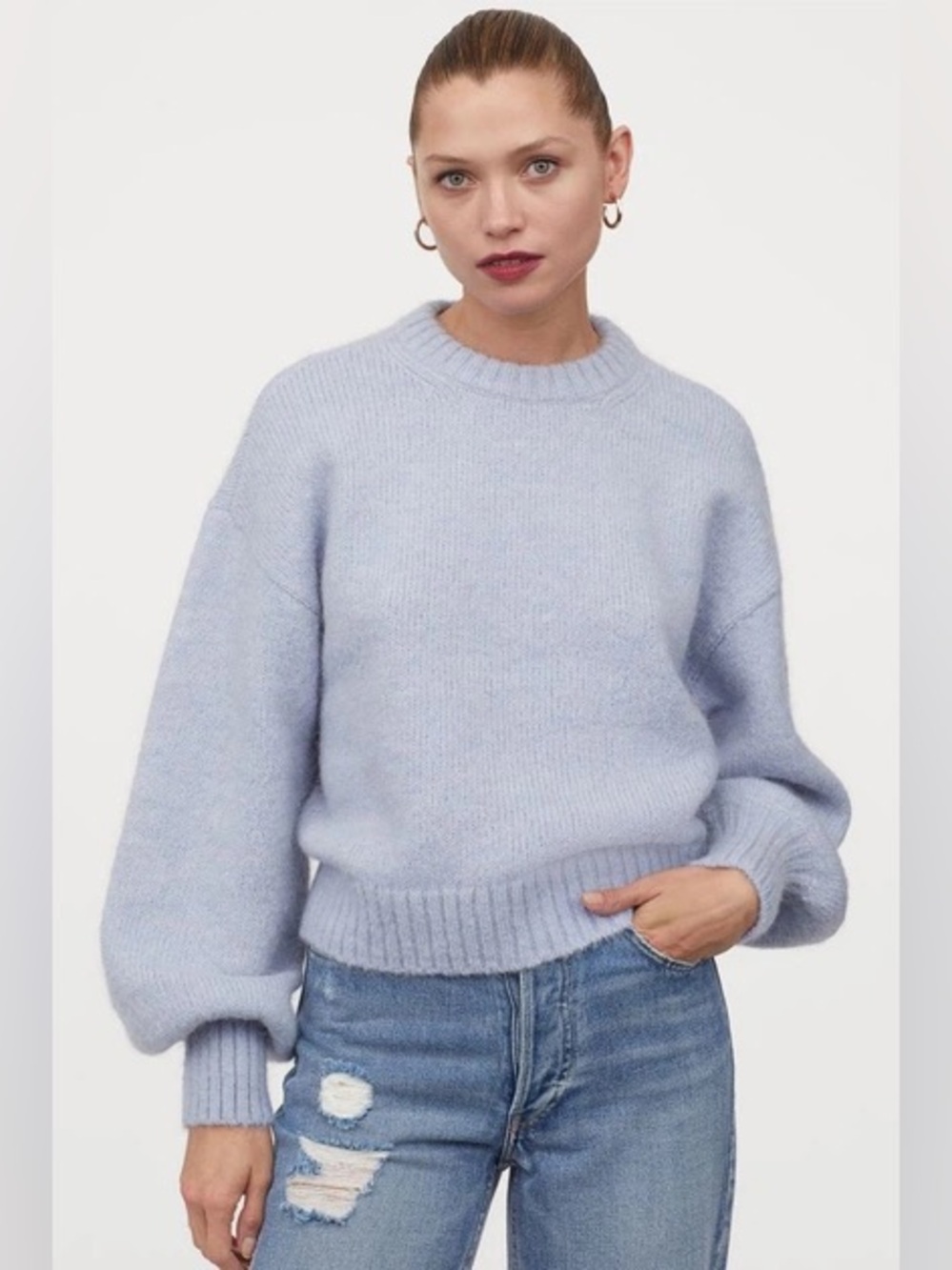 🩵 H & M Wool / Alpaca Blend Cozy Crewneck Sweater in Light Blue Size Large 🩵 EUC